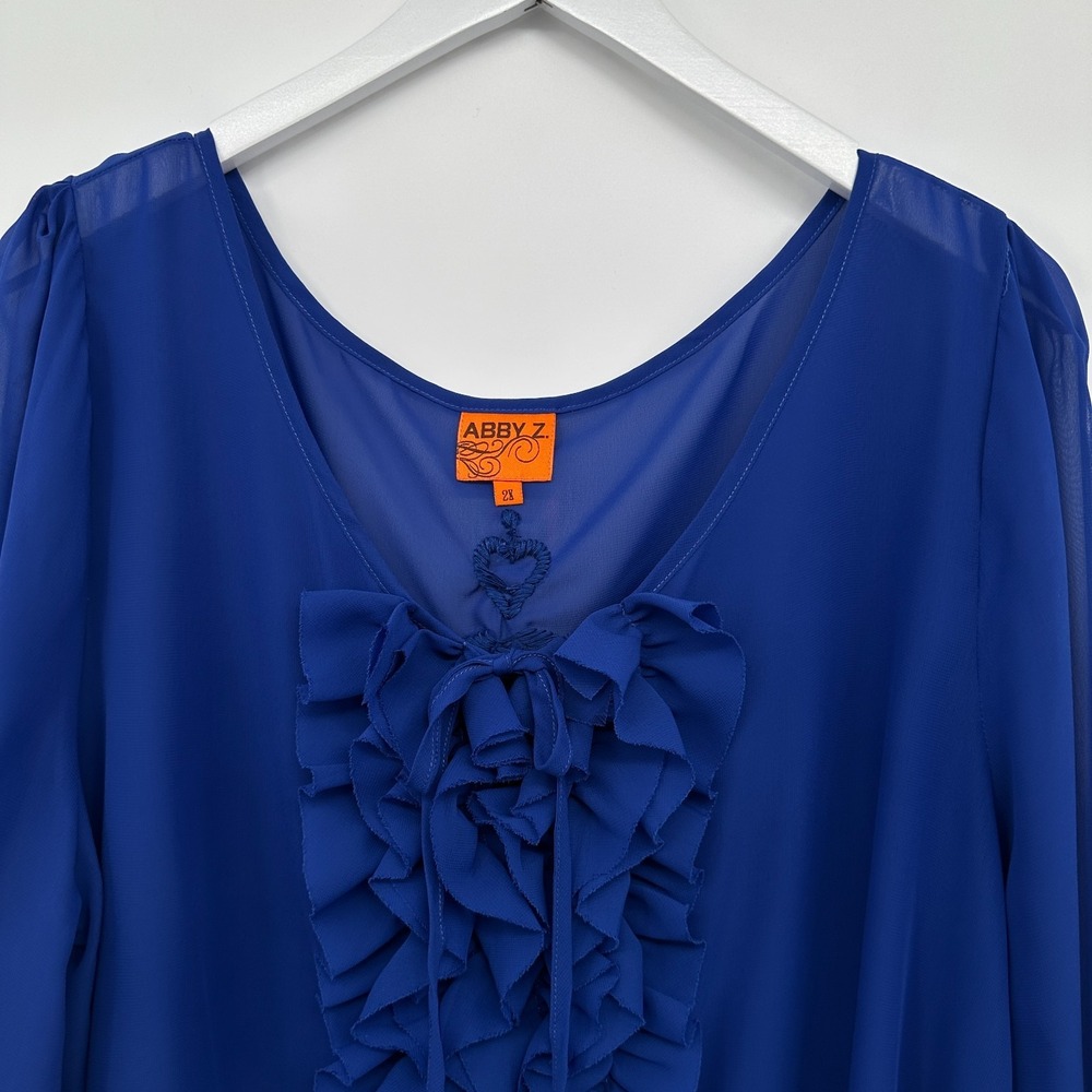 Abby Z Top Shirt Blouse Size 2X Sheer Ruffle Embroidered Coquette Elegant Glam - Picture 4 of 14